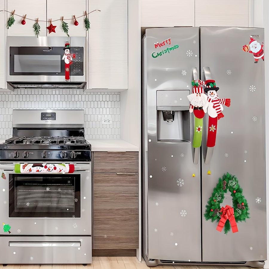 3pcs Christmas & New Year Refrigerator Handle Covers Set - Festive Kitchen Appliance Protectors, Polyester, No Power Needed