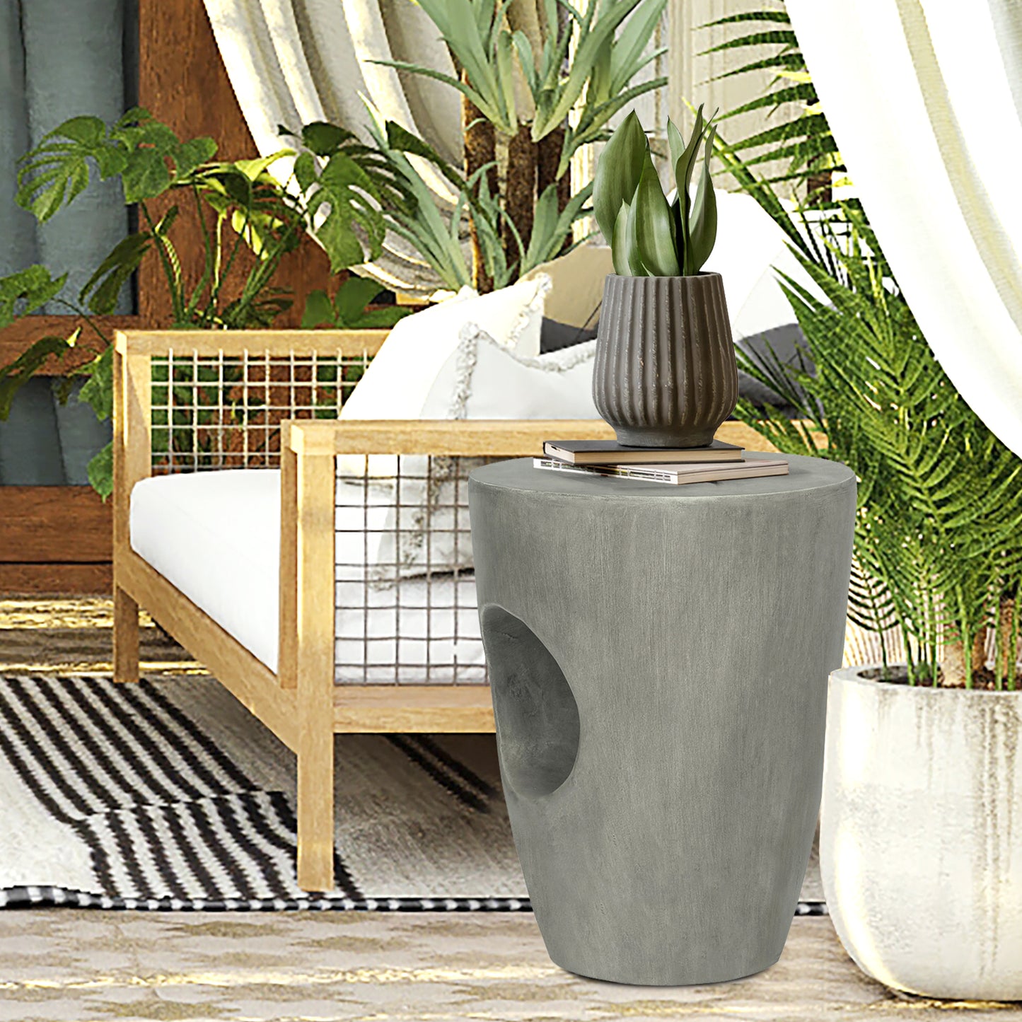 ED Modern Concrete Side Table for Outdoor,18.11" H Accent End Coffee Table Drink Table Nightstand, Unique Plant Stand for Garden Patio Living Room