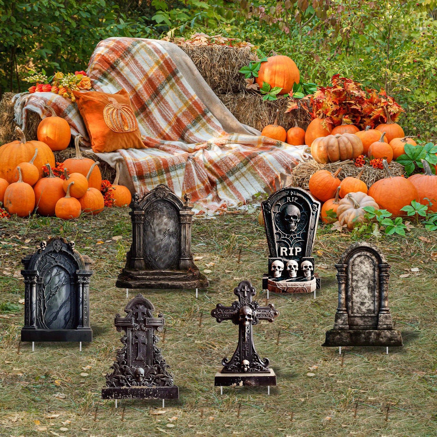 6pcs Halloween Graveyard Decor Set - Large, Realistic RIP Skeleton Tombstones with Stakes for Outdoor Yard & Lawn Display, Perfect for Home Parties