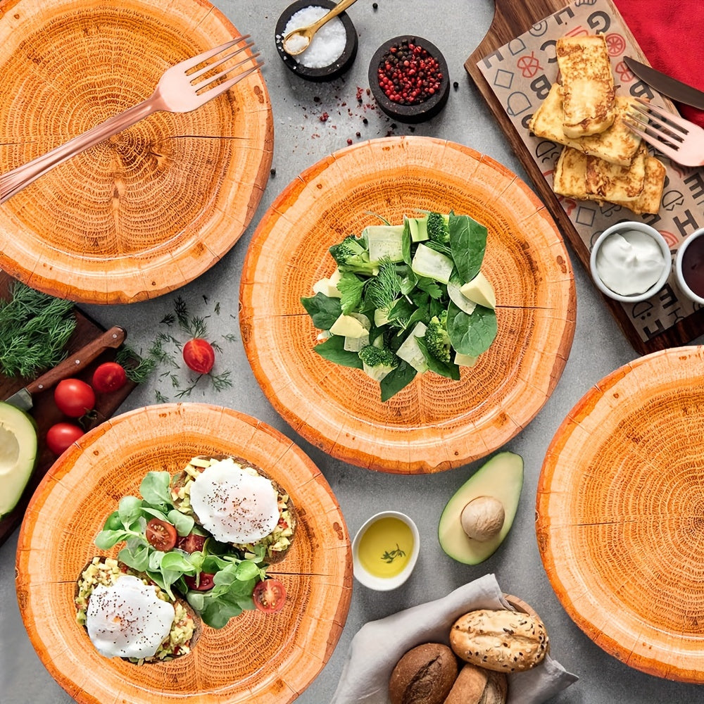 100-Pack Rustic Wood Grain Paper Plates Set - Eco-Friendly Disposable Dinnerware for Wedding, Christmas, Thanksgiving, Parties, and Gender Reveal - Round Wood Slice Design Plates for All Occasions