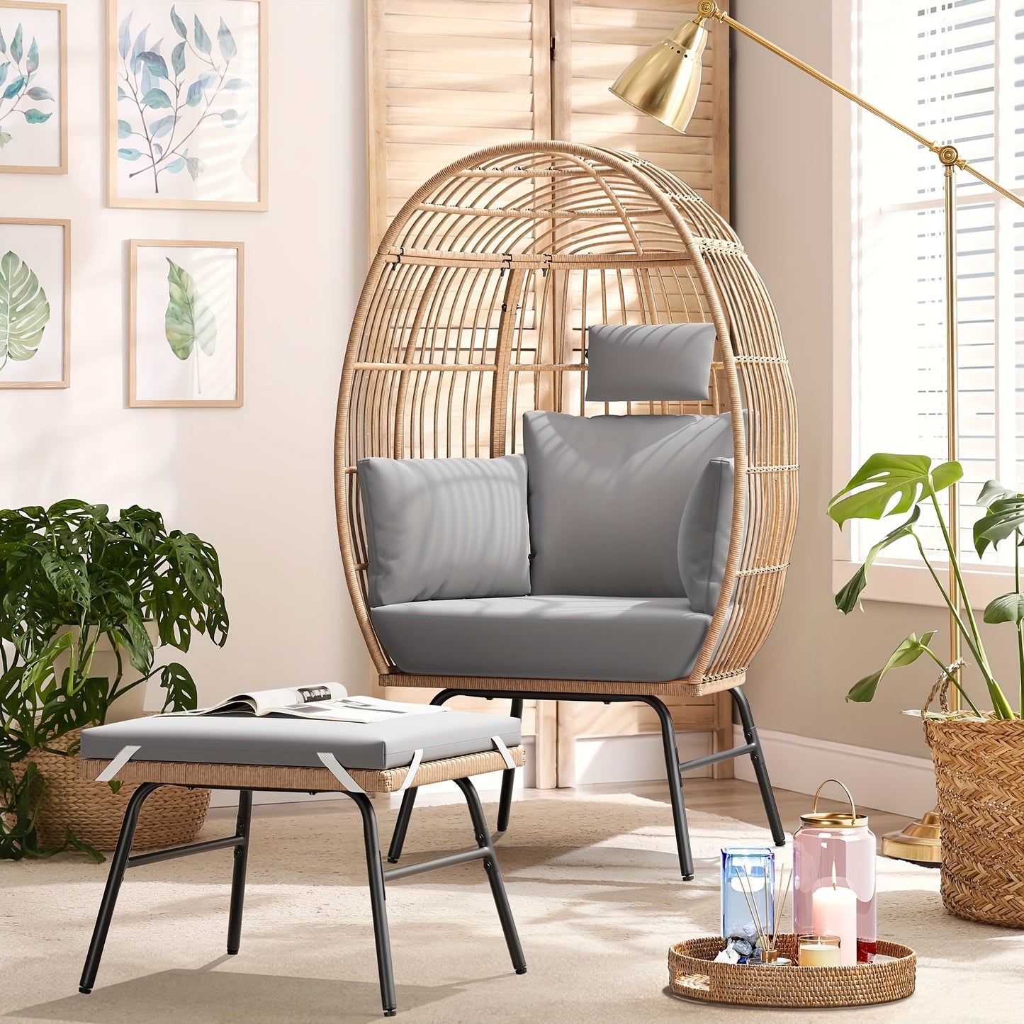 2-in-1 Oversized Wicker Egg Chair Lounger - Spacious Patio Seating with 5 Plush Cushions, Sturdy Steel Frame, 440lb Capacity, Ideal for Backyard, Corridor, and Hotel Use