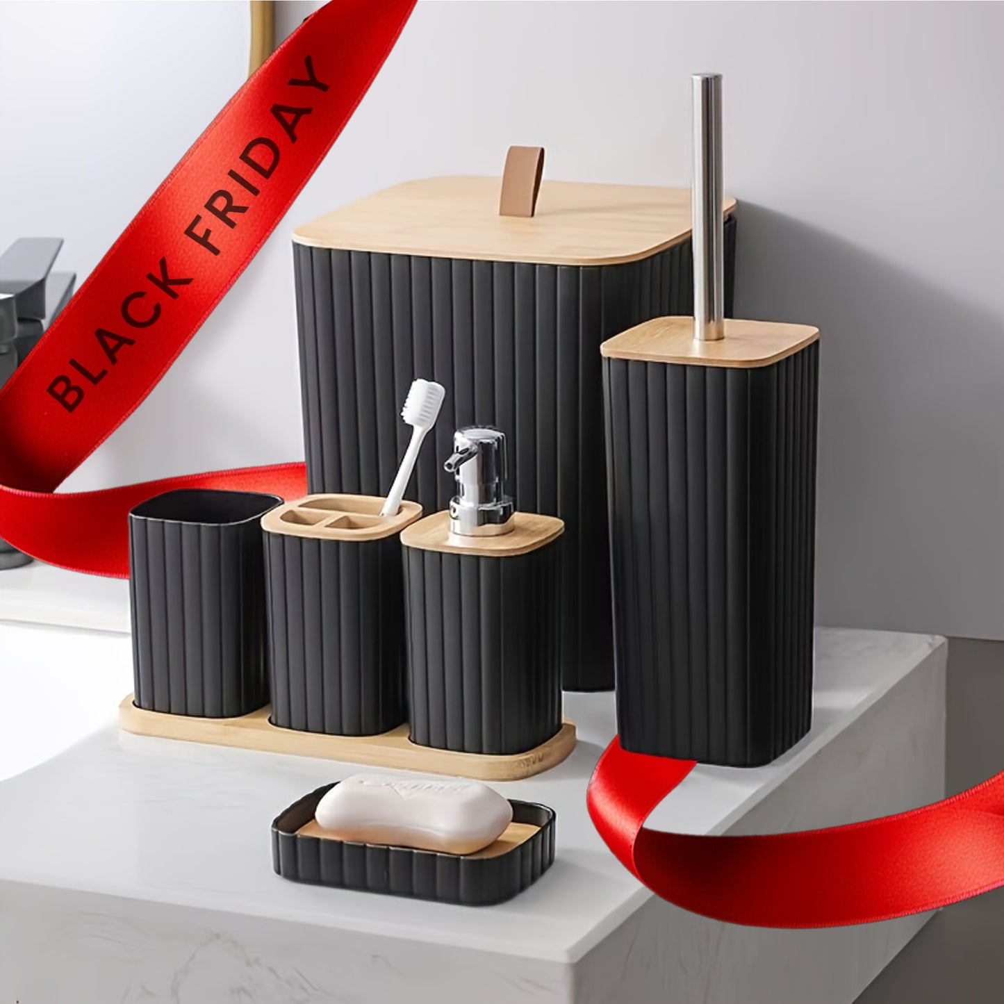 Elegant 6-Piece Striped Bathroom Set with Bamboo Lid - Plastic, Reusable, and No Electricity Required