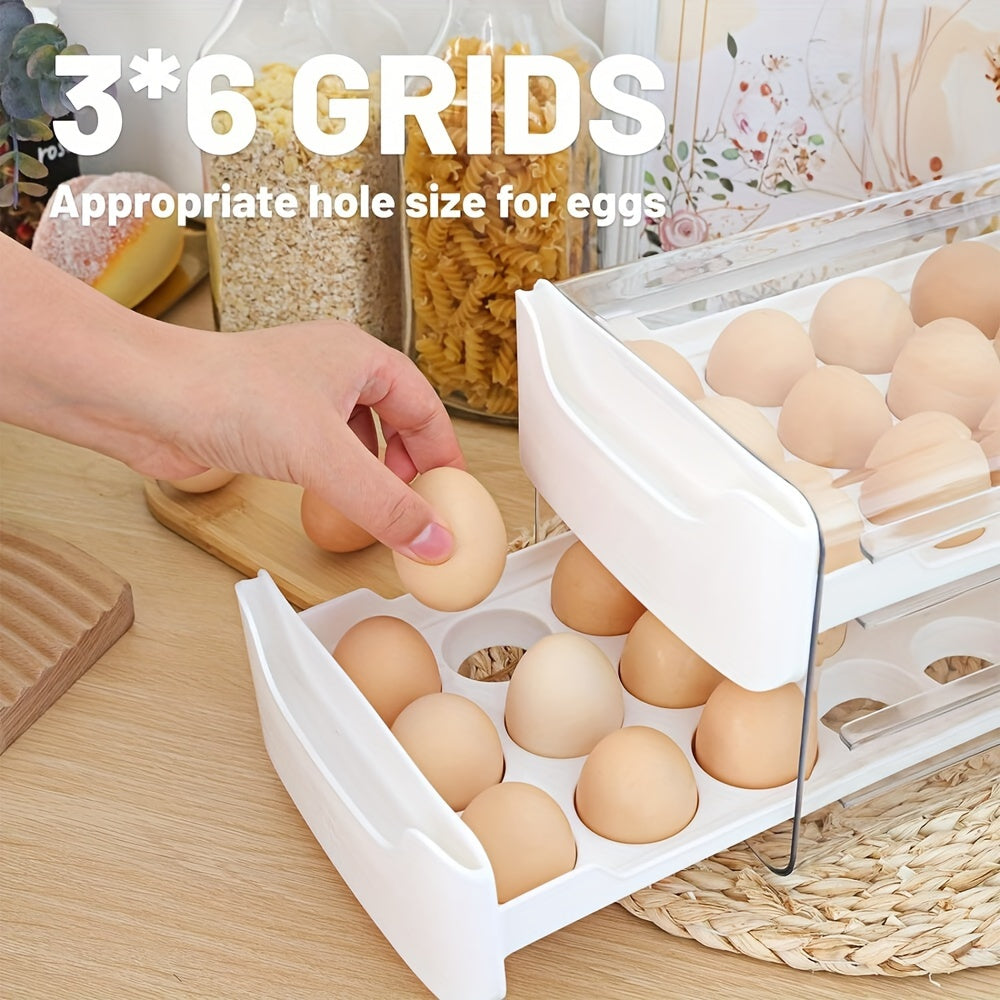 2-Layer Large Capacity Egg Holder - Clear Stackable Plastic Tray with Handles for Fresh Egg Storage - 18 Eggs per Layer, Perfect for Fridge, Kitchen, Home Organization, 12x 6.9x 6 Inches