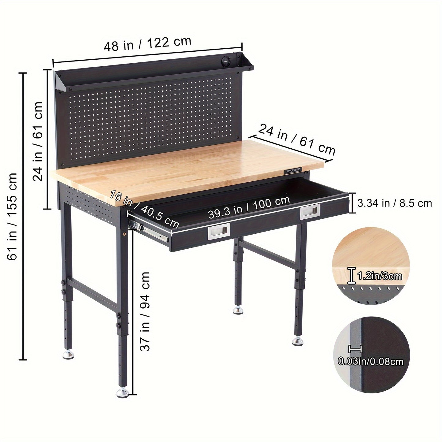 VEVOR Adjustable Height 28-39.5" Work Bench For Garage Oak Plank & Carbon Steel Heavy Duty Workbench 2000lbs Weight Capacity Bench Top Size 48x24 Hardwood Workbench 3m Cable 30 Hooks