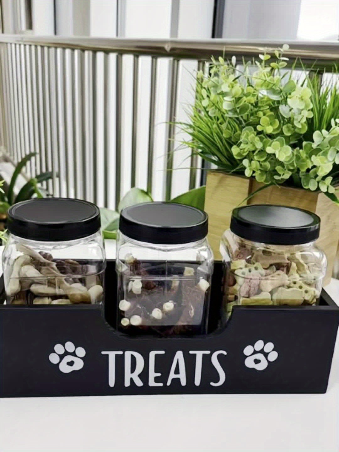 Wooden Dog Treat Container - 3 Plastic Jars, Farmhouse Pet Food Storage for Dog, Cat, Small Animal