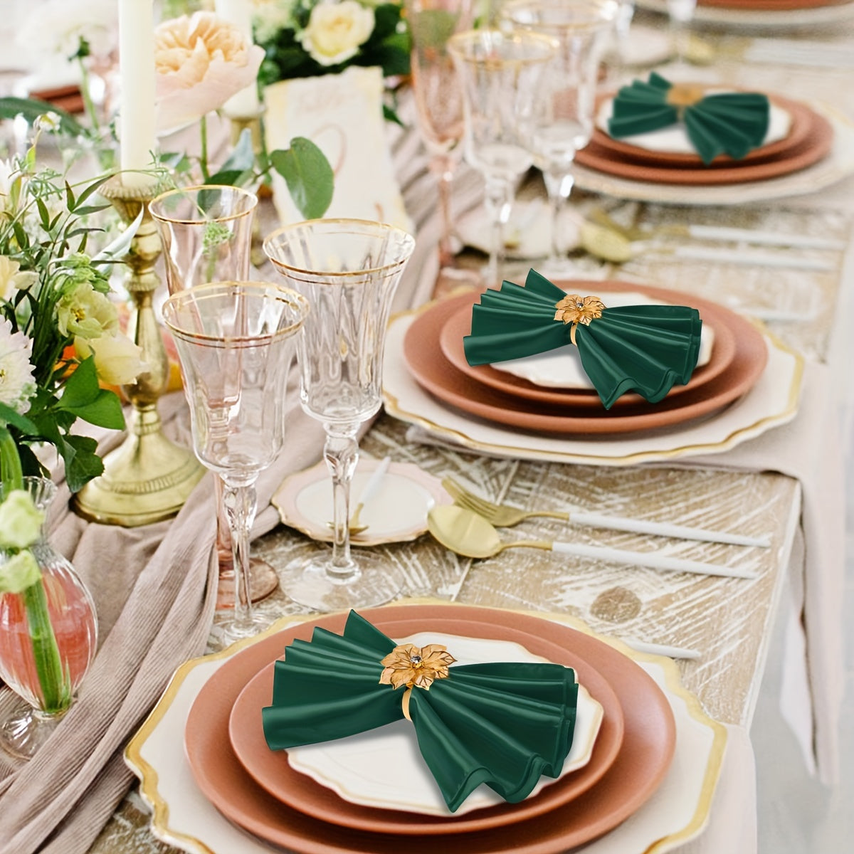 12 Pack Forest Green Satin Dinner Napkins with Golden Napkin Rings - Perfect for Christmas or Wedding Receptions