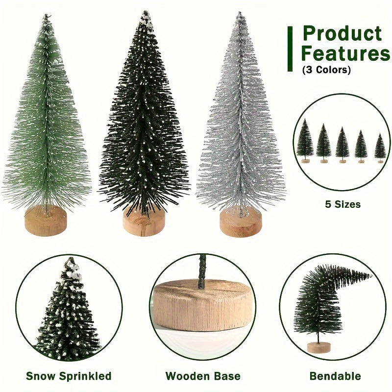 15 Pieces Mini Bendable Artificial Christmas Trees With Wooden Base - Non-Lighted Bottle Brush Tabletop Decorations For Holidays