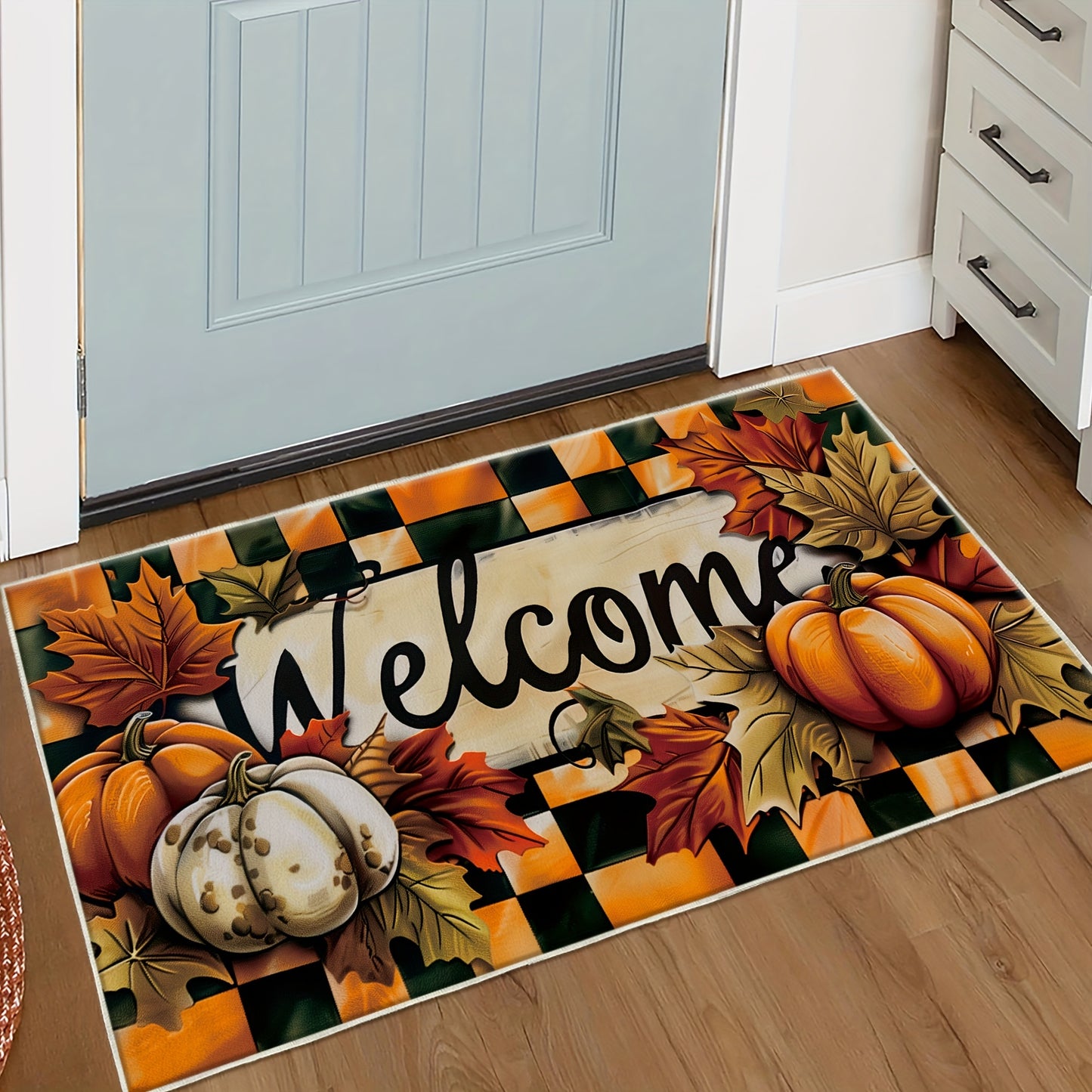 Charming Farmhouse-Style Pumpkin & Maple Leaf Design Rug - Non-Slip, Easy to Clean, Lightweight, Polyester, Shape, Machine Made, Hand Care Only for Living Spaces, Cooking Areas, Workspaces, and Doorways Decor