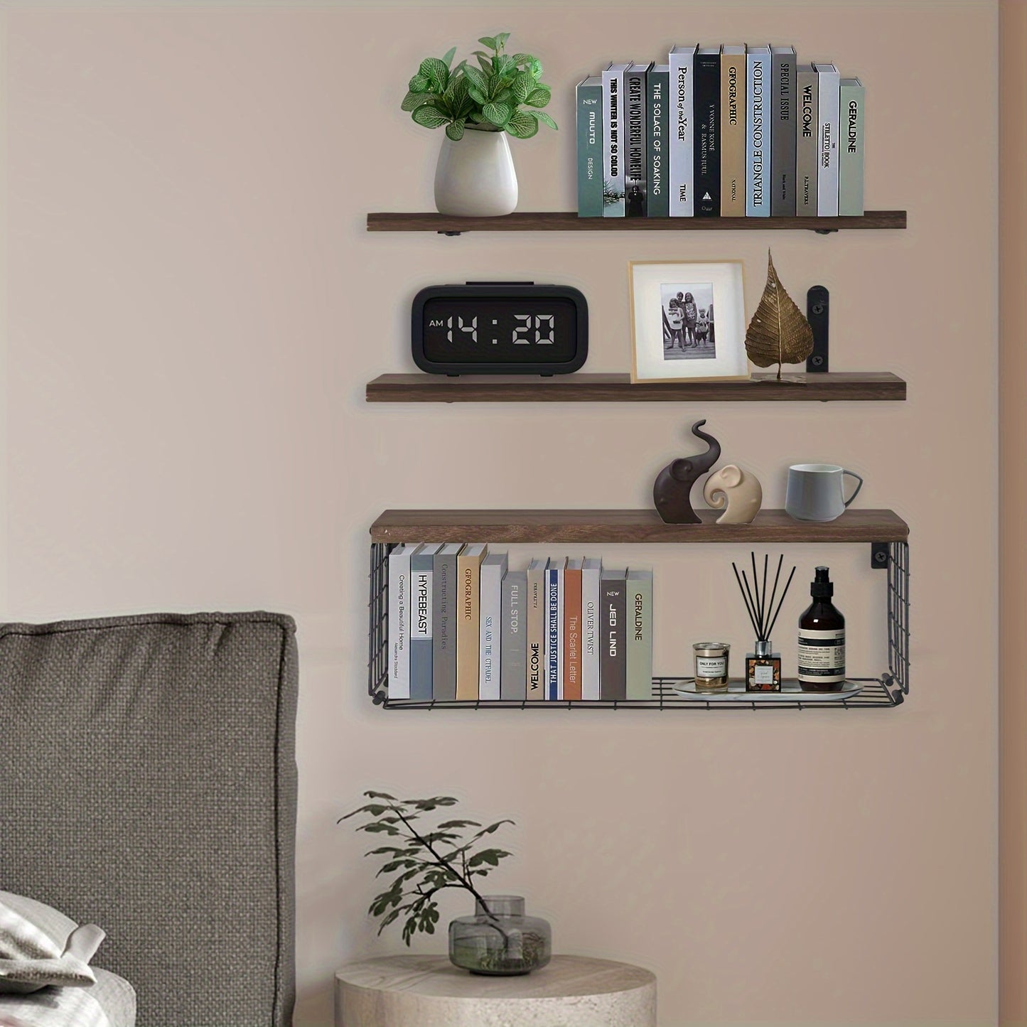 Floating Shelves For Bathroom Shelves, Wall Storage Baskets, Bathroom, Bedroom, Living Room, Toilet Paper - Dark Brown, Black, Wood Color