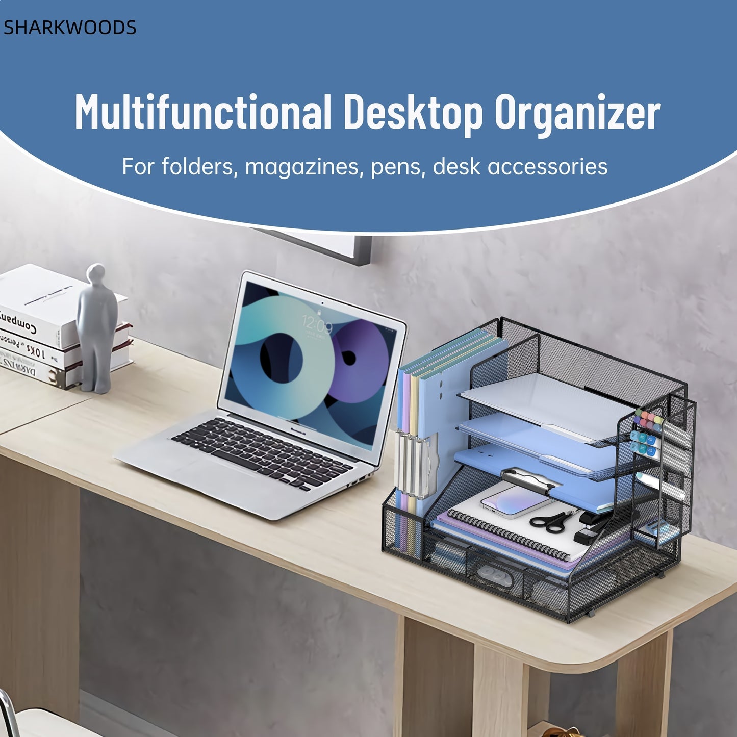 5-Tier Deluxe Desk Organizer System - Spacious File Holder, Mesh Paper Tray, Pen Holder, Drawer, and 3 Tilted File Sorter for Efficient Office Supply Storage and Organization - Sturdy, Adjustable, and Ergonomic Design for Max