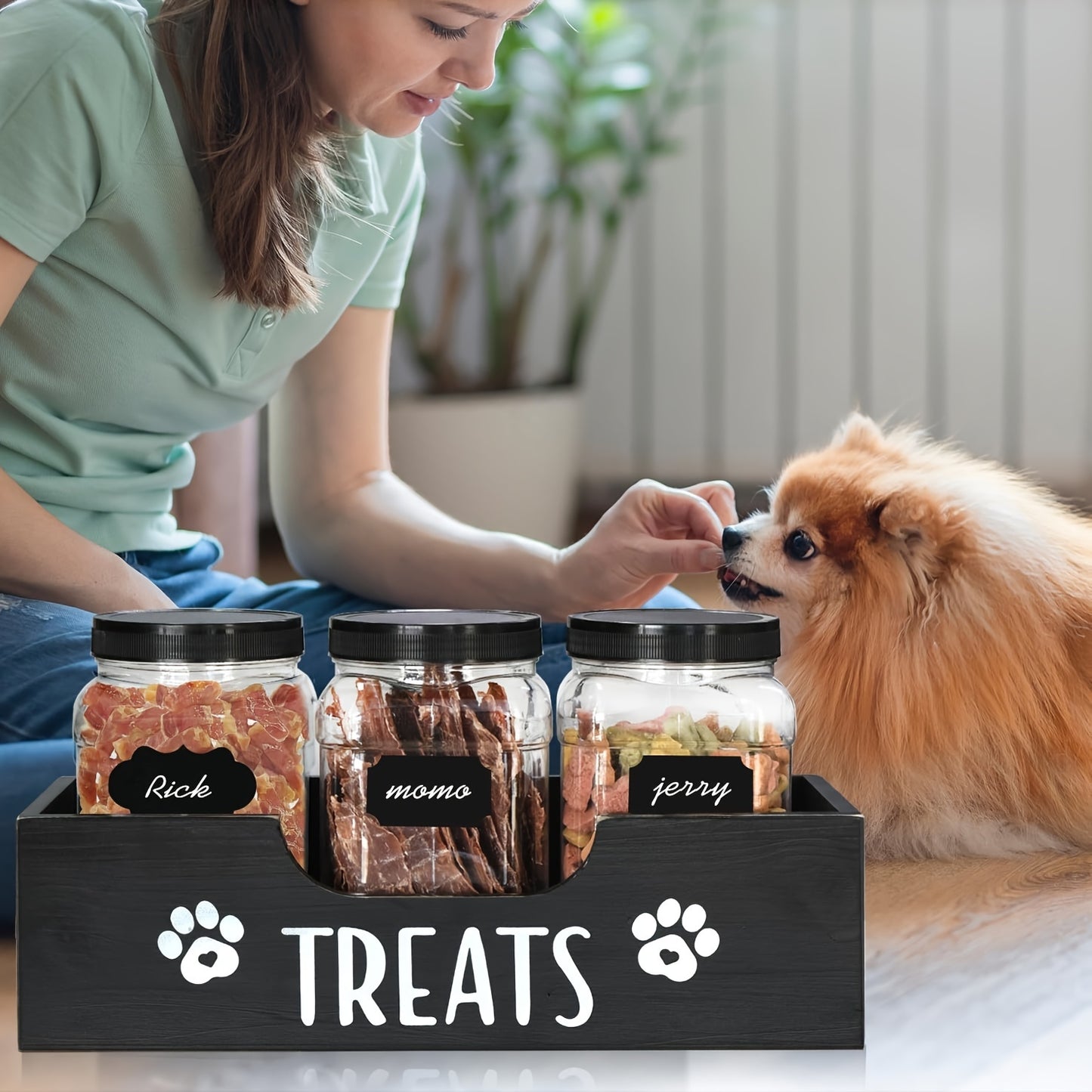 Wooden Dog Treat Container - 3 Plastic Jars, Farmhouse Pet Food Storage for Dog, Cat, Small Animal