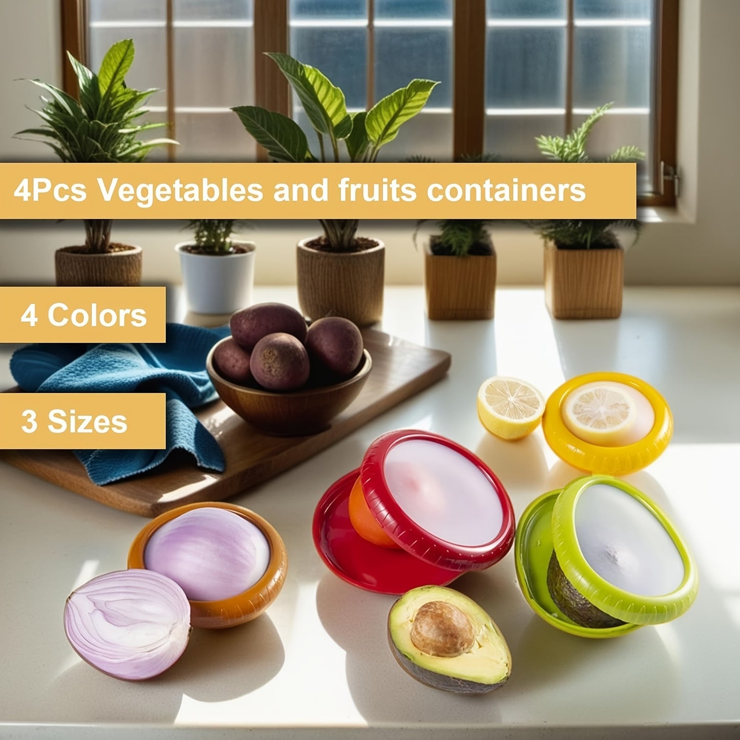 4Pcs Large Capacity Silicone Fruit Storage Box, Transparent Food Storage Box Set - Keep Fresh Longer, Reusable, Airtight, Stackable, BPA-Free Containers for Avocado, Onions, Lemons, Potatoes, Vegetables, and Fruits - Easy-Vie