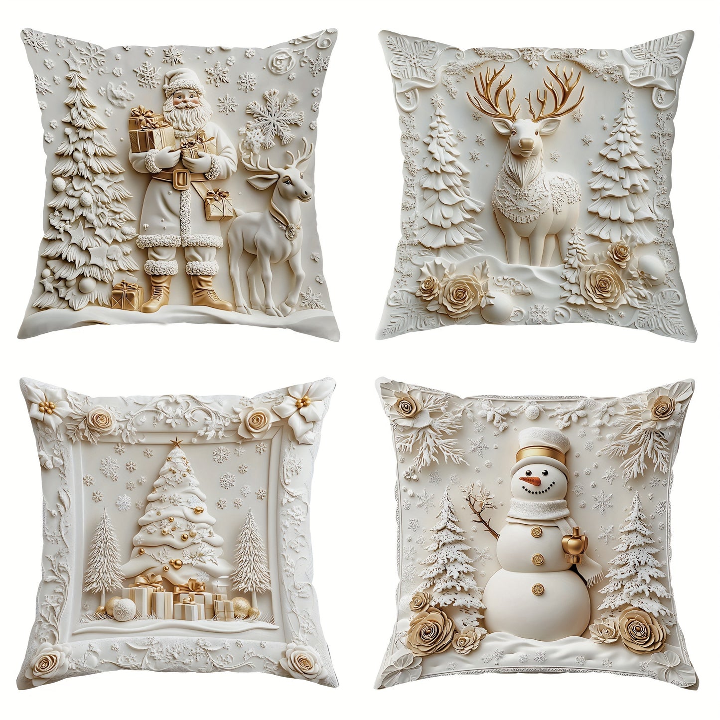 4pcs Christmas Decorations Santa Snowman Deer Floral Tree Velvet Throw Pillow Covers Funny Luxury 3D White Golden Soft Decorative Pillowcases One Sided Printing 18in*18in for Christmas Winter Living Room Bedroom Sofa Bed Deco