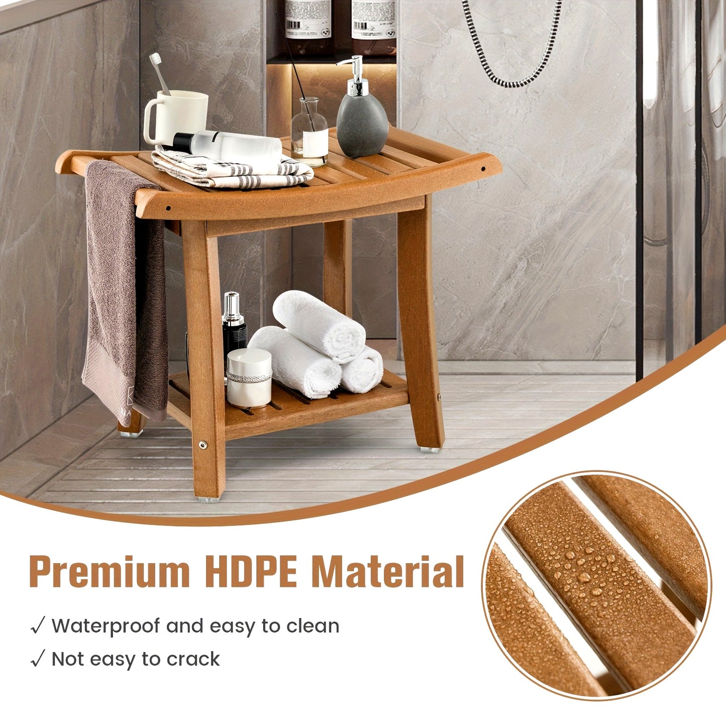 2-Tier Heavy Duty Waterproof Shower Bench with Storage Shelf Brown Spa Bath Stool