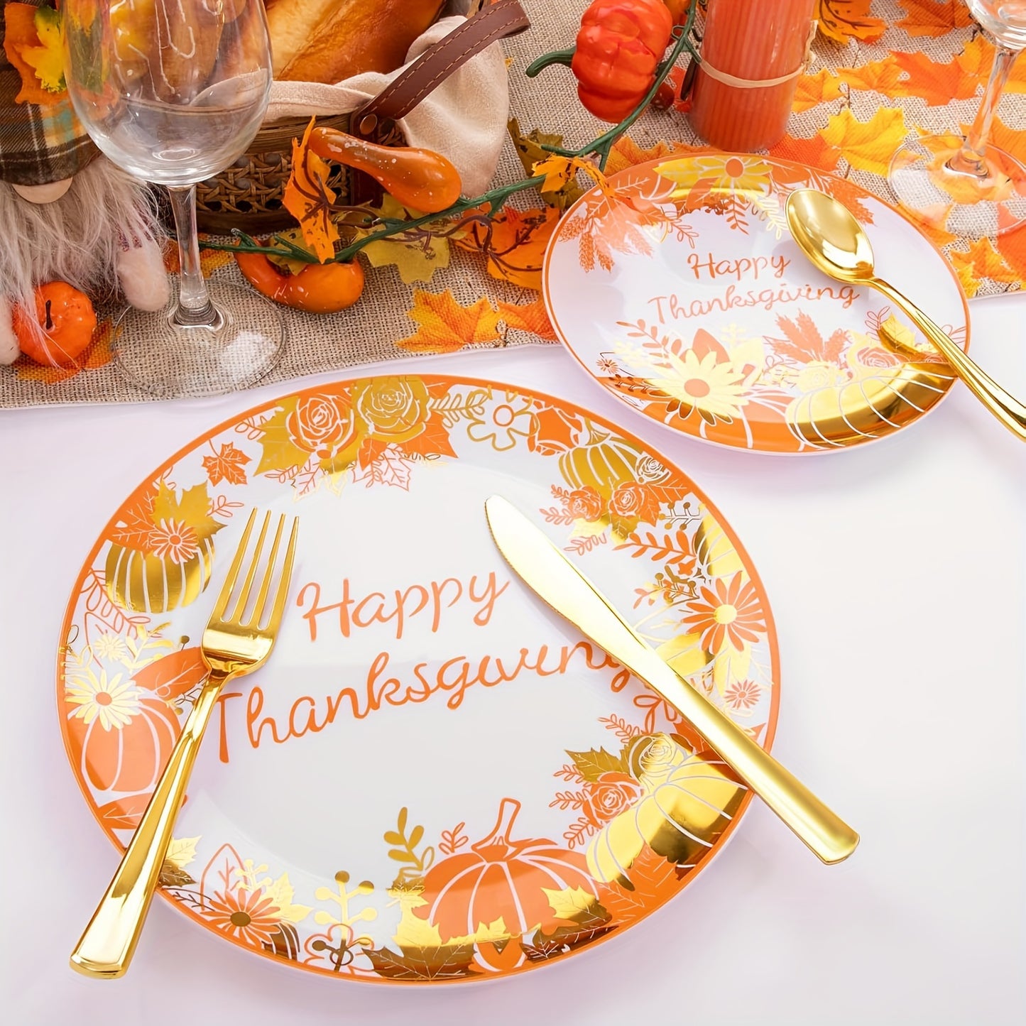 150pcs Thanksgiving Dinnerware Sets WELLIFE A, Plastic Plates with Maple Leaf Design, Includes 30 Dinner Plates, 30 Salad Plates, 30Knives, 30Forks, 30Spoons