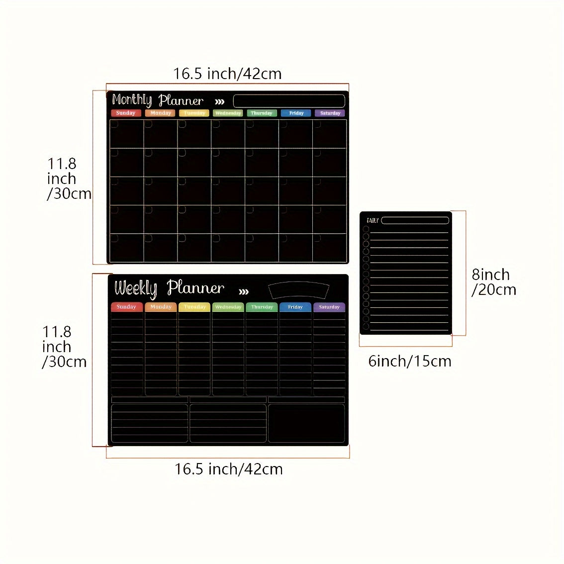 3 Magnetic Boards For Refrigerator - Black Dry Erase Boards Set, Monthly, Weekly Organizer & Daily Notepad, Wall & Fridge Family Boards Includes 8 Markers. Free Blackboard Eraser