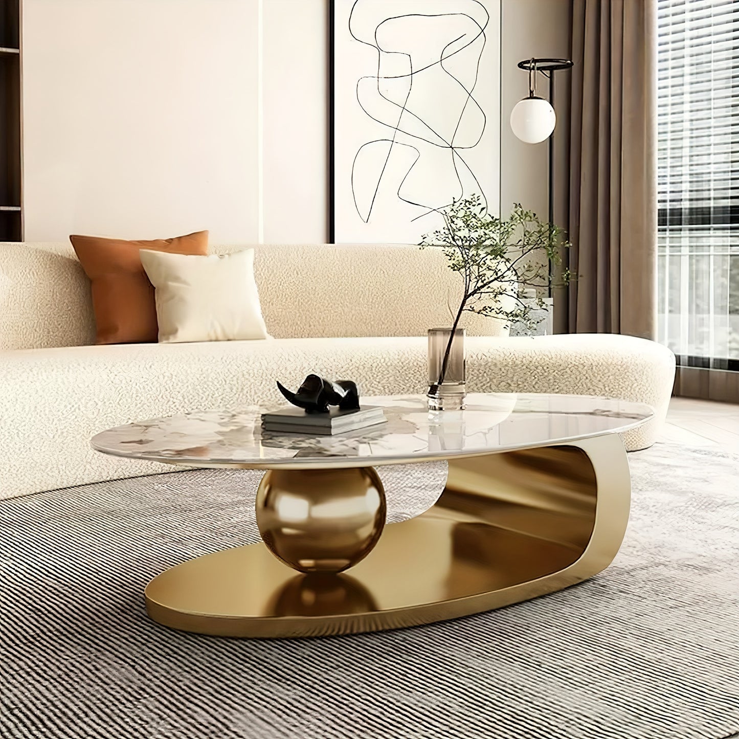 FUNXIBIO Marble Oval Coffee Table, Dining Table Dual-purpose Living Room 40cm High Coffee Table, Simple Small House Marble Golden Stainless Steel Metal Base, Coffee Table, Coffee Seat, Sent In Two Packs