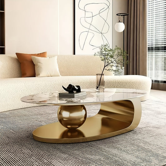 FUNXIBIO Marble Oval Coffee Table, Dining Table Dual-purpose Living Room 40cm High Coffee Table, Simple Small House Marble Golden Stainless Steel Metal Base, Coffee Table, Coffee Seat, Sent In Two Packs