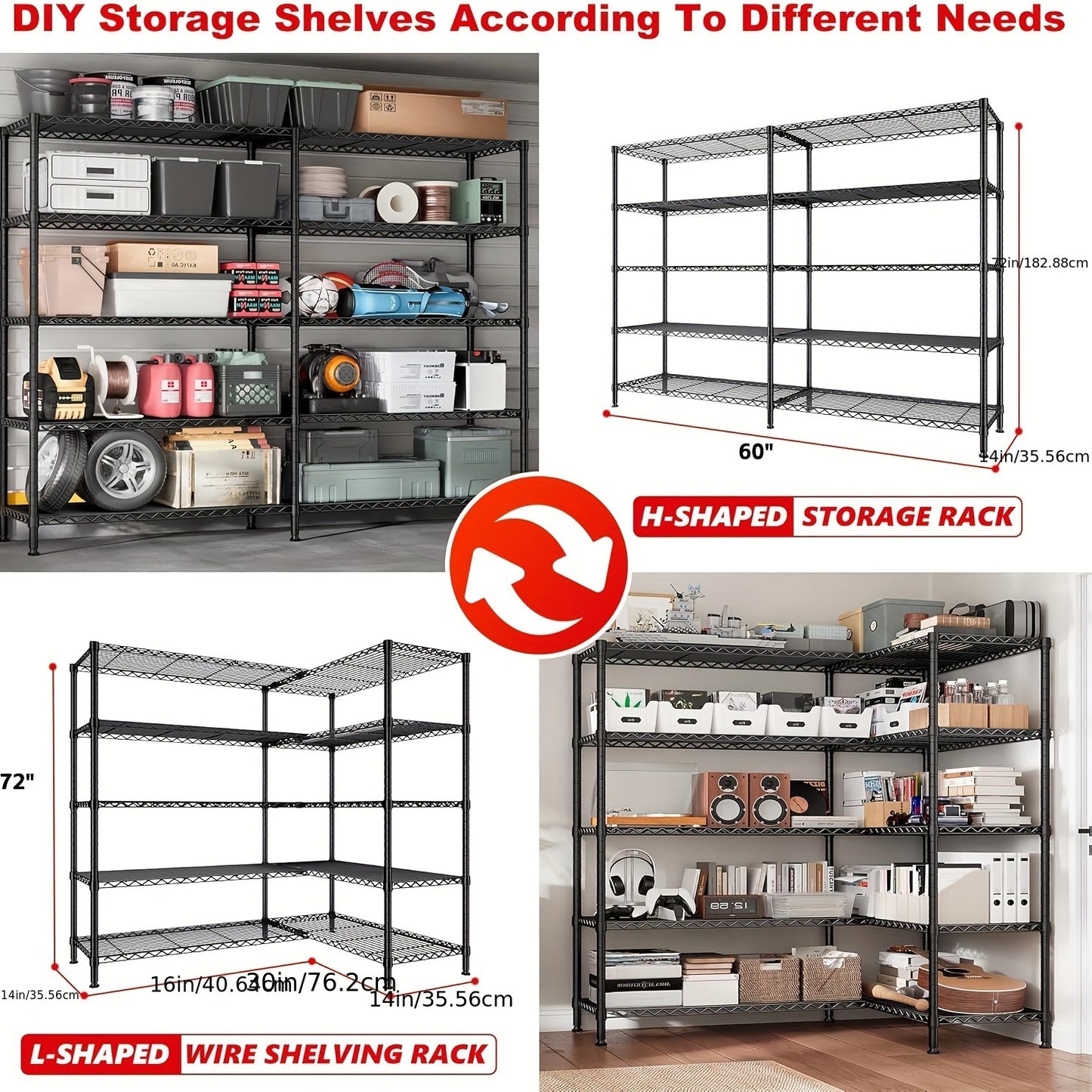 60''/72" W Storage Shelves, 1200LBS/1600LBS Wire Shelving Unit, Adjustable 4/5 Tier Metal Shelving For Storage Rack Shelves For Storage Heavy Duty Garage Shelf Pantry Shelves Kitchen Shelving Bathroom Rack