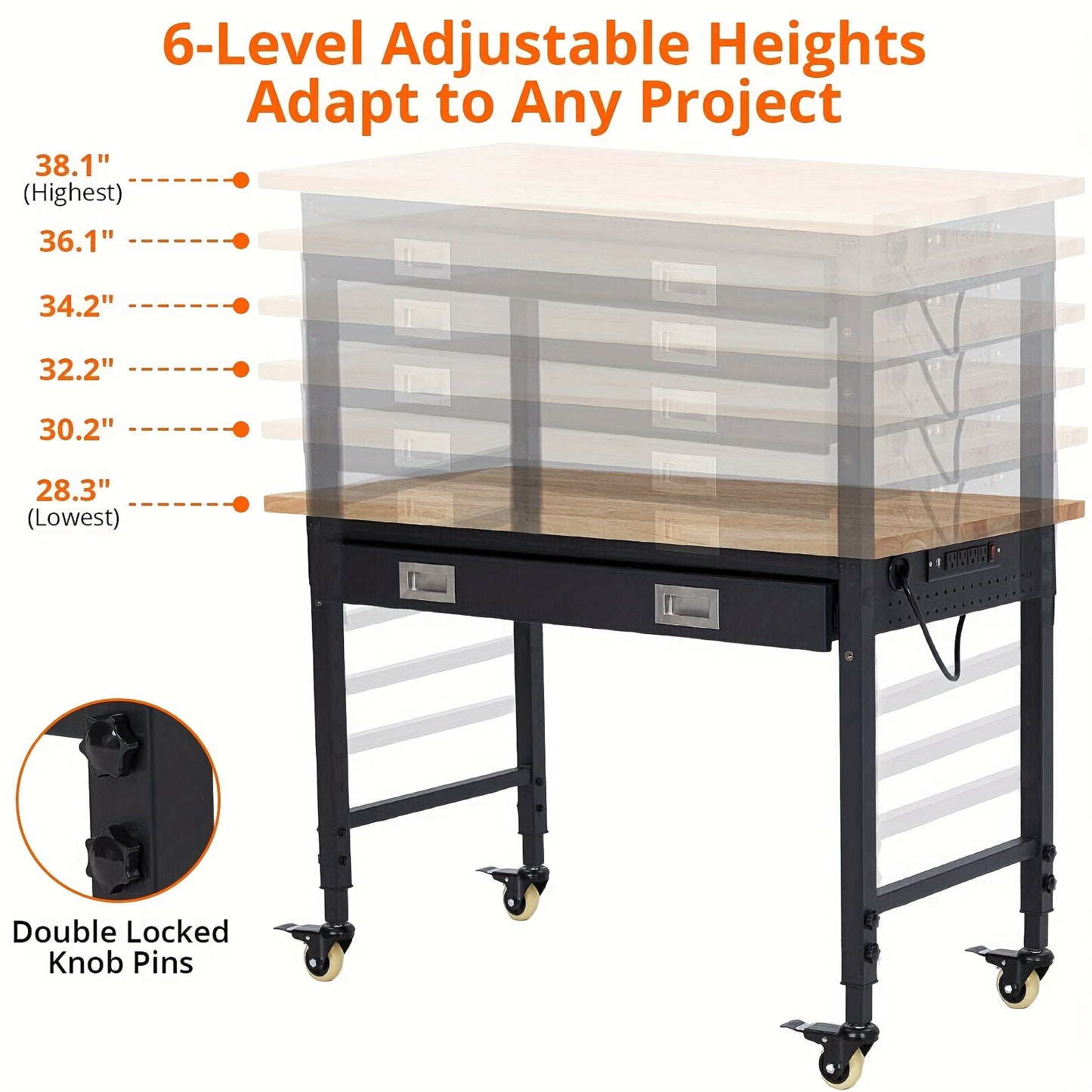 2000 LB Load Capacity 48" Heavy Duty Workbench, Adjustable Height Multipurpose Rubber Wood Shop Table With Drawer Storage, Backplate, Power Outlets, Hooks, Garage Storage