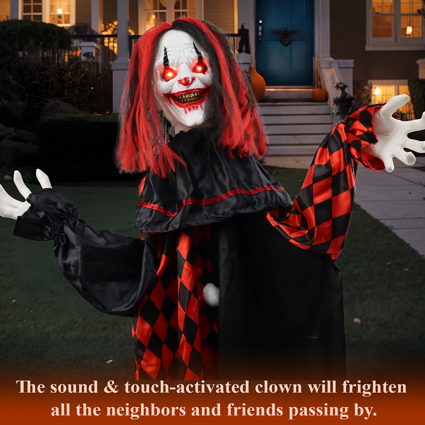 Sound Activated Halloween Scary Clown Decoration - Creepy Animatronic Prop With Glowing Eyes For Outdoor Garden, Yard & Haunted House Decor