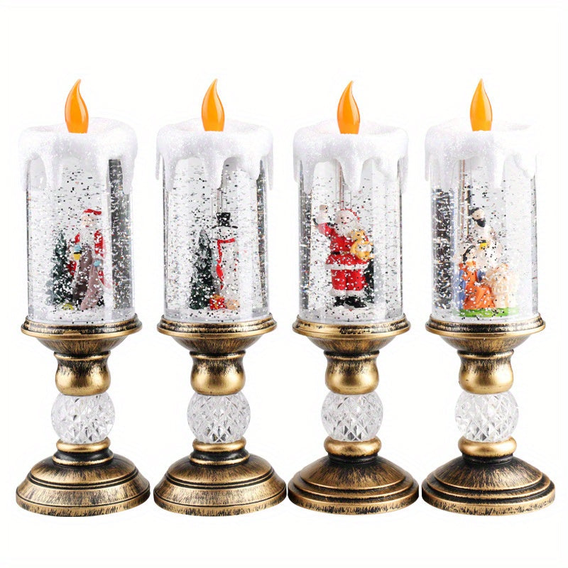 Santa Christmas Snowman Christmas Tree Christmas Decoration, Water-filled Candles With Scene Interior Decoration Christmas Crystal Lights Snow Santa Presents Flameless Candle Lights (with Music)