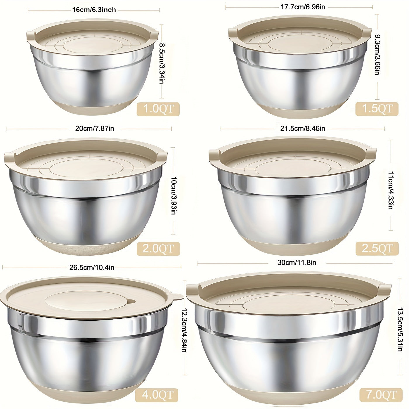 Mixing Bowls With Airtight Lids Set, SteelBowls With Grater Attachments, Non-Slip Bottoms & Kitchen Gadgets Set, Size 7, 4, 2.5, 2.0, 1.5, 1QT, Great For Mixing & Serving