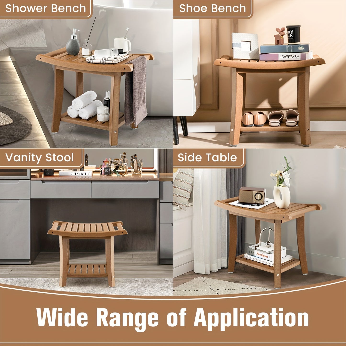 2-Tier Heavy Duty Waterproof Shower Bench with Storage Shelf Brown Spa Bath Stool