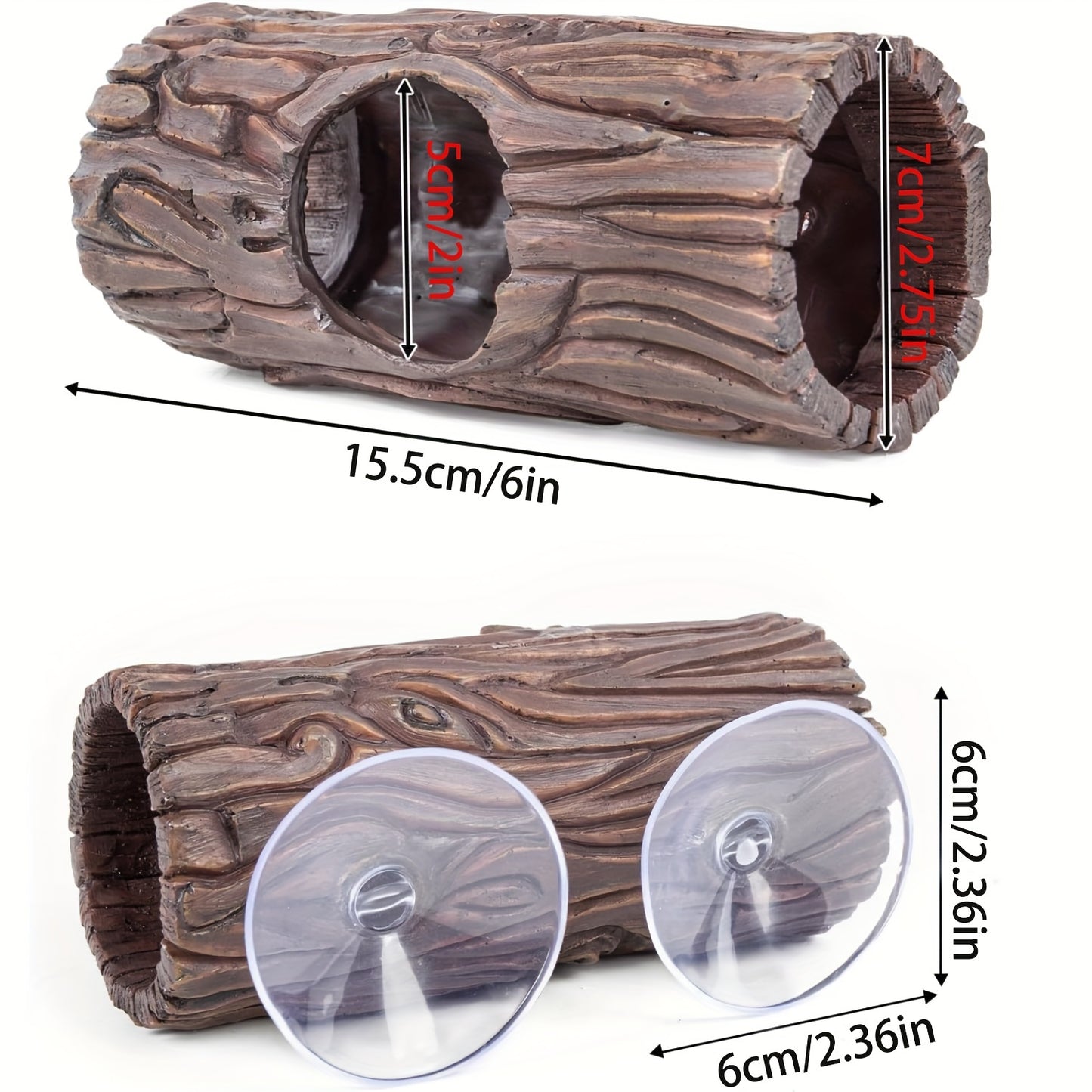 Reptile Hideout, Resin Hollow Log Hideout with 2pcs Powerful Suction Cup, Reptile Tank Accessories Climbing Toys Terrarium Hideaway Caves Decor for Gecko, Lizard, Snakes, Hermit Crabs, Forgs