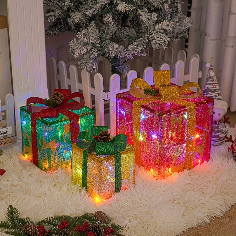 [Fast Arrival] 3 Pcs LED Lighted Gift Boxes - Christmas Decorations and Lights - Indoor Outdoor Holiday Party Decor with Elk Design, Perfect for Christmas Tree and Home Decor