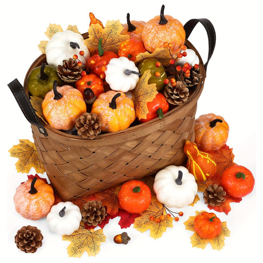 48 PCS Fall Thanksgiving Artificial Pumpkins and Gourds Set - Fake Pumpkins, Acorns, Maple Leaves, Pinecones, Berries - Thanksgiving Decorations, Harvest Centerpiece for Home, Halloween Wedding Decor