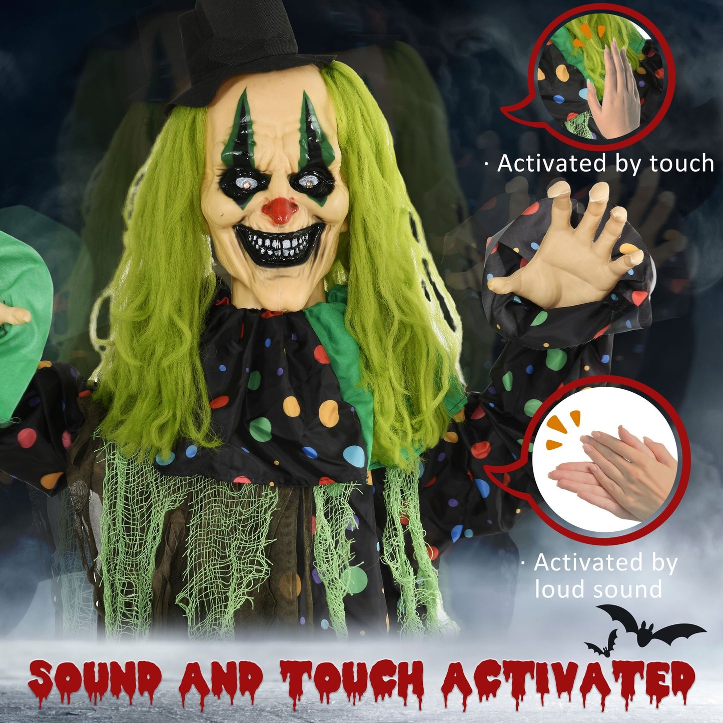 HOMCOM 6. 1' Life Size Outdoor Halloween Decoration, Animatronic Circus Clown, Sound and Motion Activated Animated Prop with Light Up Eyes, Talking and Laughter