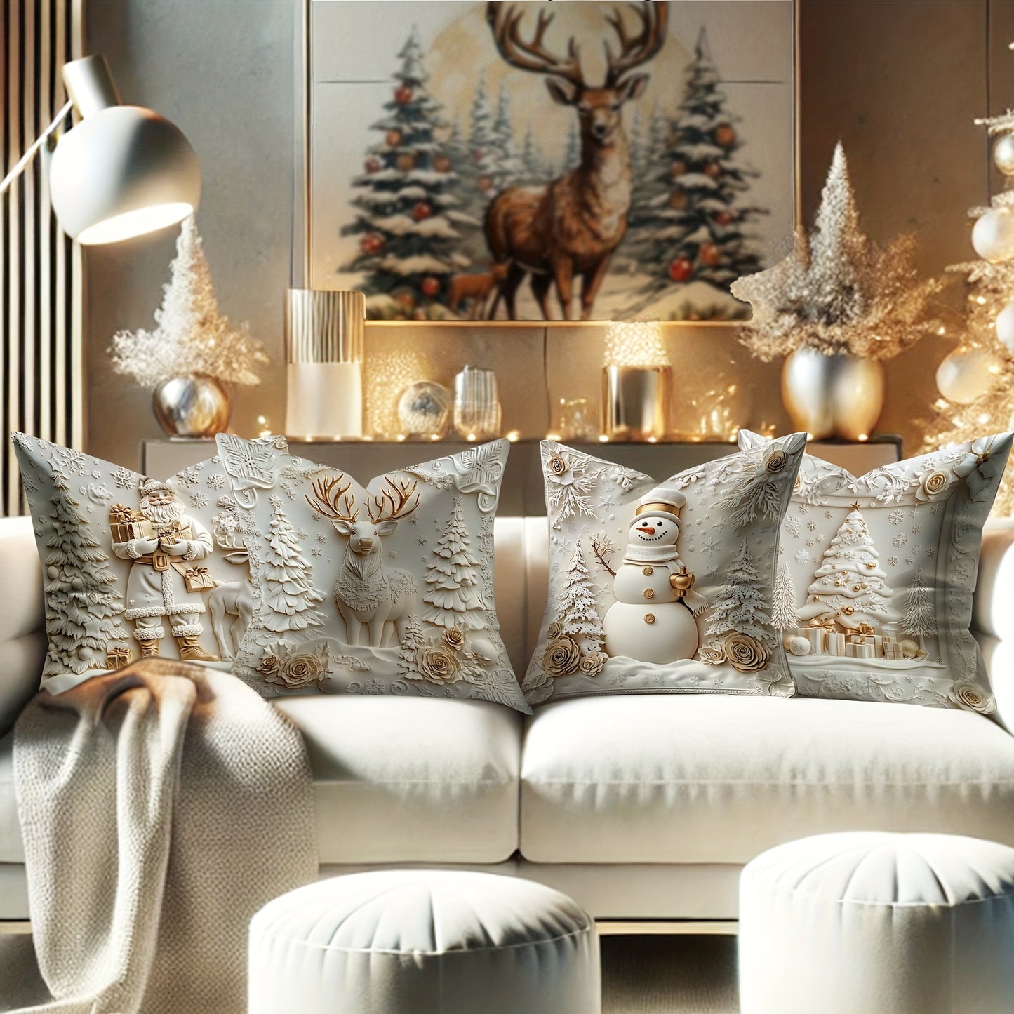 4pcs Christmas Decorations Santa Snowman Deer Floral Tree Velvet Throw Pillow Covers Funny Luxury 3D White Golden Soft Decorative Pillowcases One Sided Printing 18in*18in for Christmas Winter Living Room Bedroom Sofa Bed Deco