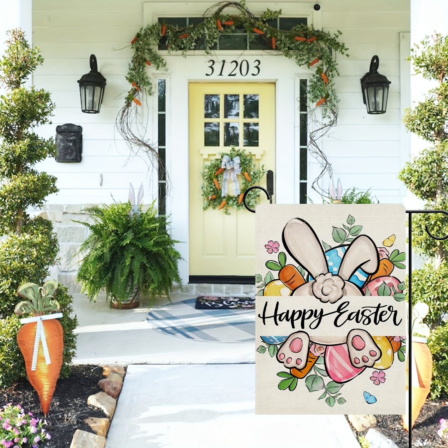 1pc Garden Flag Happy Easter Bunny Decorative Garden Flag, Rabbit Eggs Carrot Eucalyptus Leaves Yard Outside Home Decorations, Flowers Butterfly Burlap Outdoor Small Decor No Flag Pole 12X18 Inch