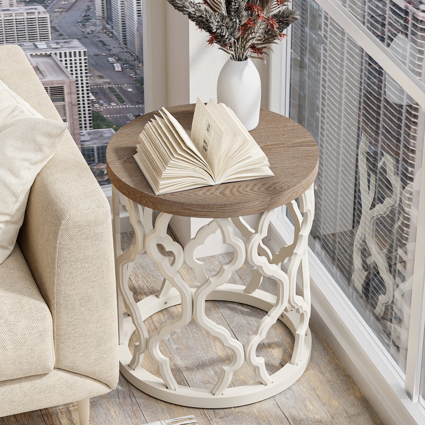 Farmhouse End Table, Distressed Wood Top Side Table with Curved Motif Frame Base