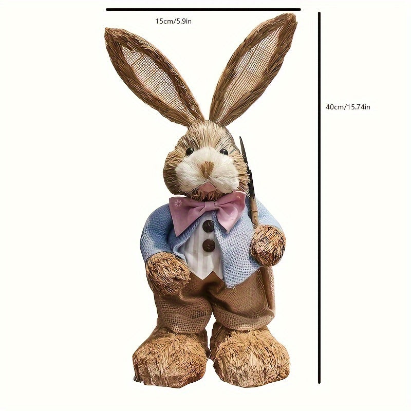 Handcrafted Fabric and Faux Leather Bunny Dolls, 13.78inch Rustic Countryside Rabbit Figures, Set of Collectible Comic Themed Bunnies for Home Decor, Charming Garden Party Ornaments, Ideal for Easter, St. Patrick's Day, Day o