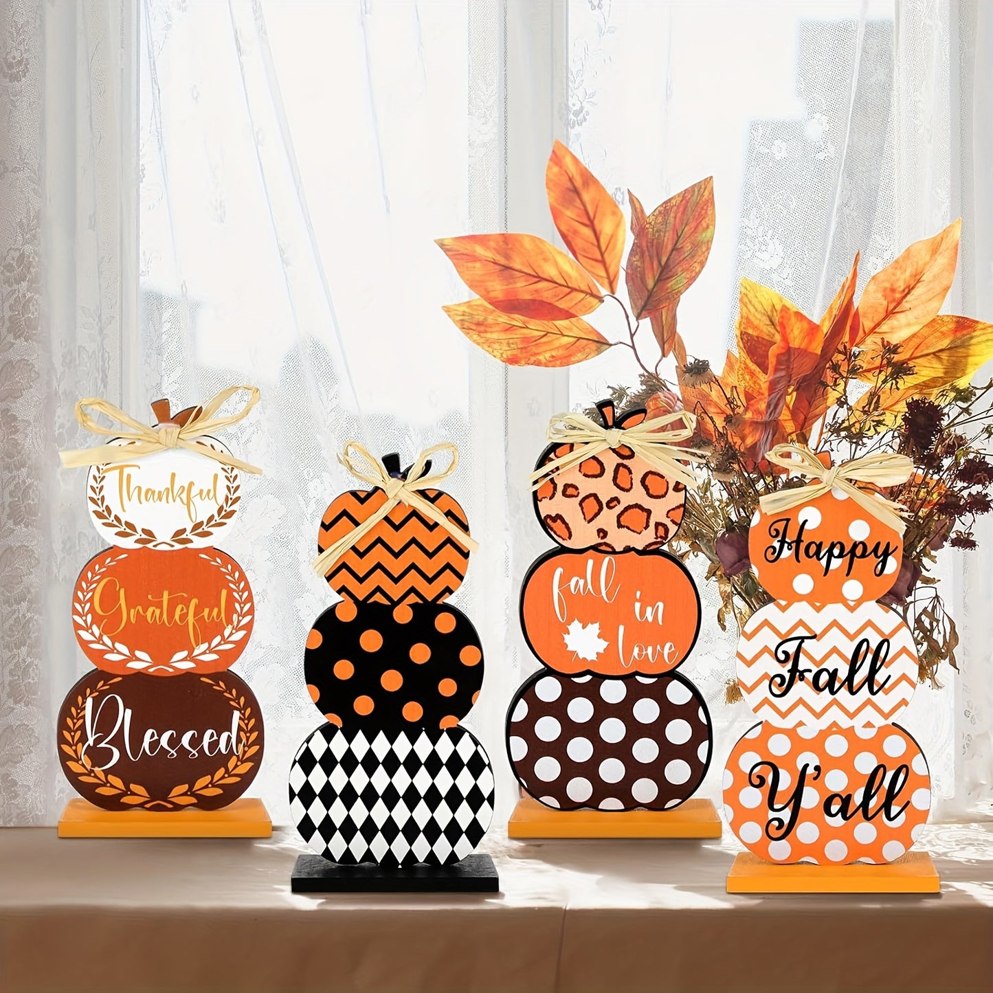 Seasonal Pumpkin Wooden Decor Set - Contemporary Style Tabletop Figurines for Thanksgiving, Halloween, Christmas - Autumn Harvest Festive Home Decoration, Non-Electric with No Feathers - Holiday Themed Ornaments