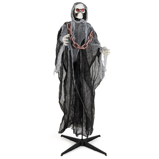 MAXMASS 6.4 ft Halloween Standing Grim Reaper, Voice Activated Animatronic Ghost w/ Lighted Eyes, Automatic Arm Movement & Terrifying Sounds, Skeleton Ghost with Chain for Indoor Outdoor