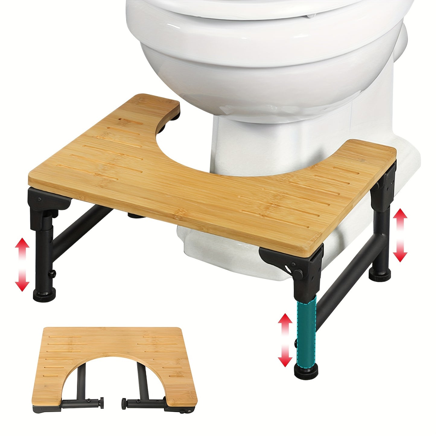 1 PC Bamboo Adjustable Toilet Stool - 7''/8''/9'' Foldable Iron Poop Steps with Non-Slip Layer for Bathroom Assistance