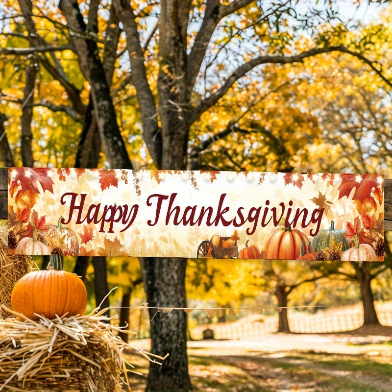 Happy Thanksgiving Banner - 118"x18" Vibrant Pumpkin Harvest Scene, Durable Polyester Outdoor & Indoor Decor for Home, Party, Photo Booth - Includes Free Installation Kit & String Lights