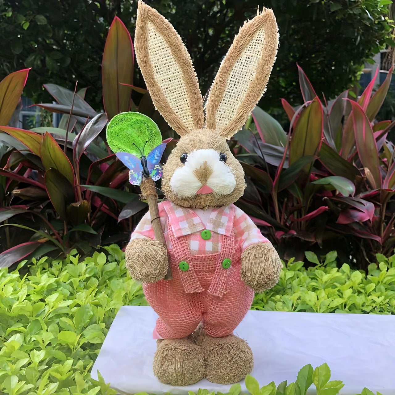 Handcrafted Fabric and Faux Leather Bunny Dolls, 13.78inch Rustic Countryside Rabbit Figures, Set of Collectible Comic Themed Bunnies for Home Decor, Charming Garden Party Ornaments, Ideal for Easter, St. Patrick's Day, Day o