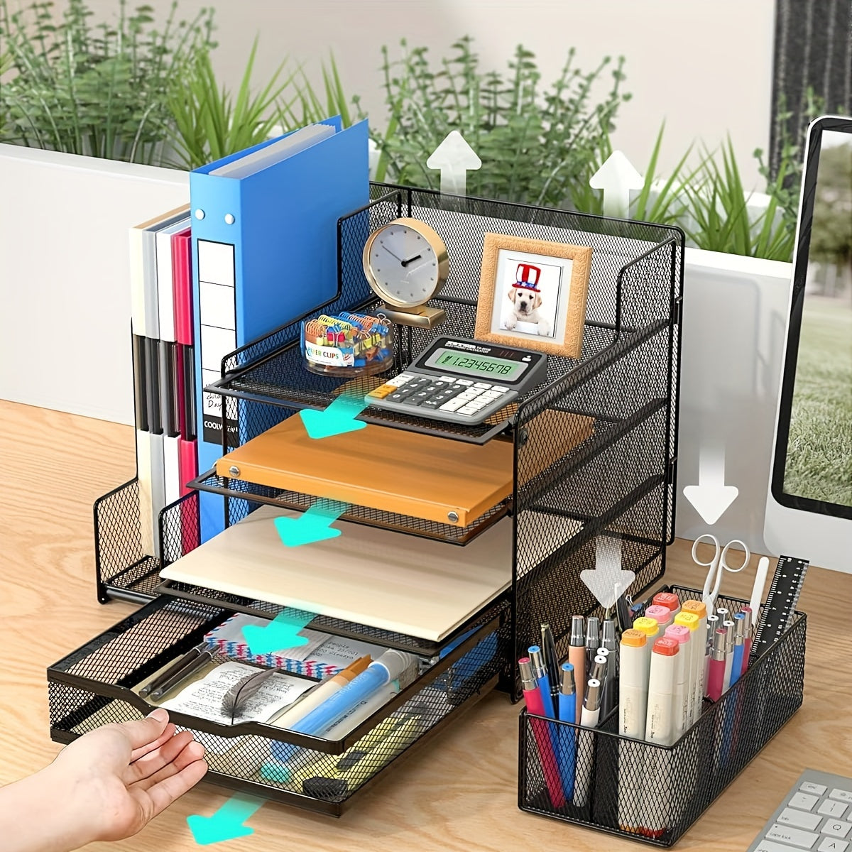 Desk Organizer with Mesh File Holder, 4-Tier Office Supplies Desk Organizers and Accessories with Sliding Drawers & Pen Holder, Desk File Organizer and Storage for Office, School, Home, Black