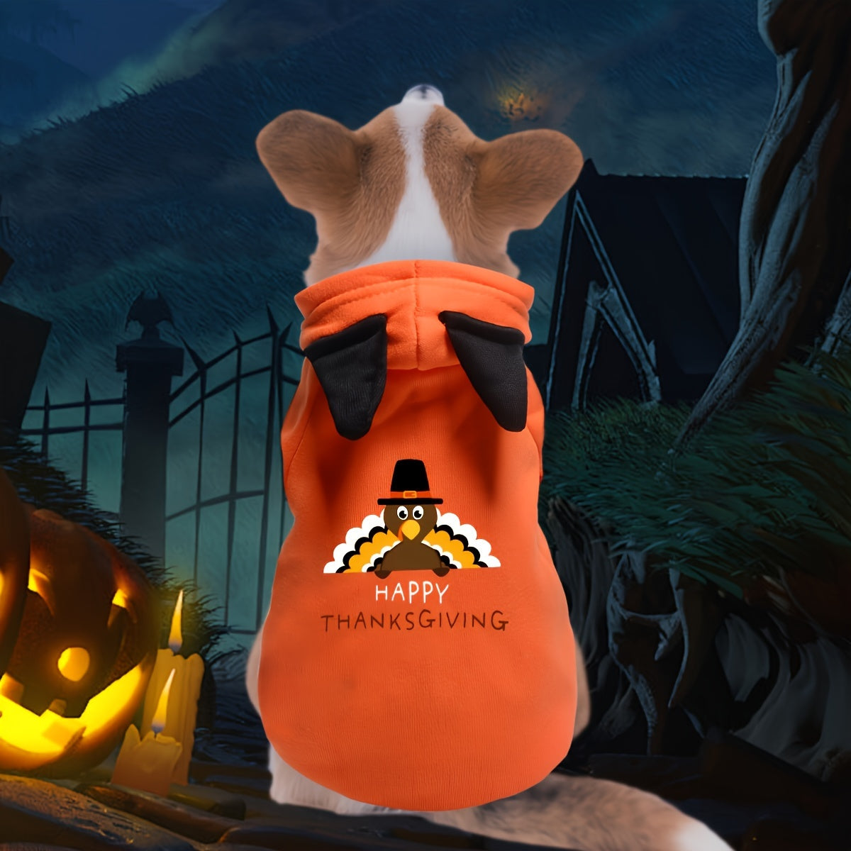 Thanksgiving Cartoon Print Pet Hoodie, Orange Pullover Sweatshirt for Dogs, Festive Holiday Pet Clothing, Machine Washable, Polyester, Sizes S/M/L/XL/XXL, for Medium/Small/Extra Small Breeds