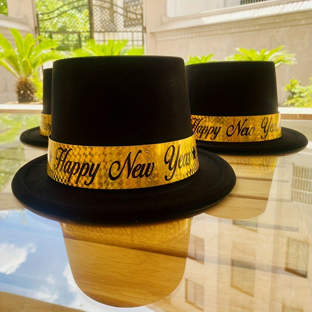 6-Pack Happy New Year Top Hats - One-Time Use Plastic Party Accessories with Removable Golden Band, Versatile for Year-Round Celebrations, Festive Headwear for New Year's Eve and General Occasions