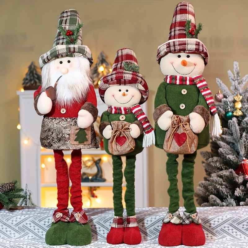 2pcs/set Christmas Decorations Standing Plush, Figurine Snowman Telescopic Length Christmas Plush, Snowman/Santa Claus With Adjustable Legs, Home Decorations Doll, Xmas Party Ornament Holiday Doll Toy Gift (18.5in/24.4in)