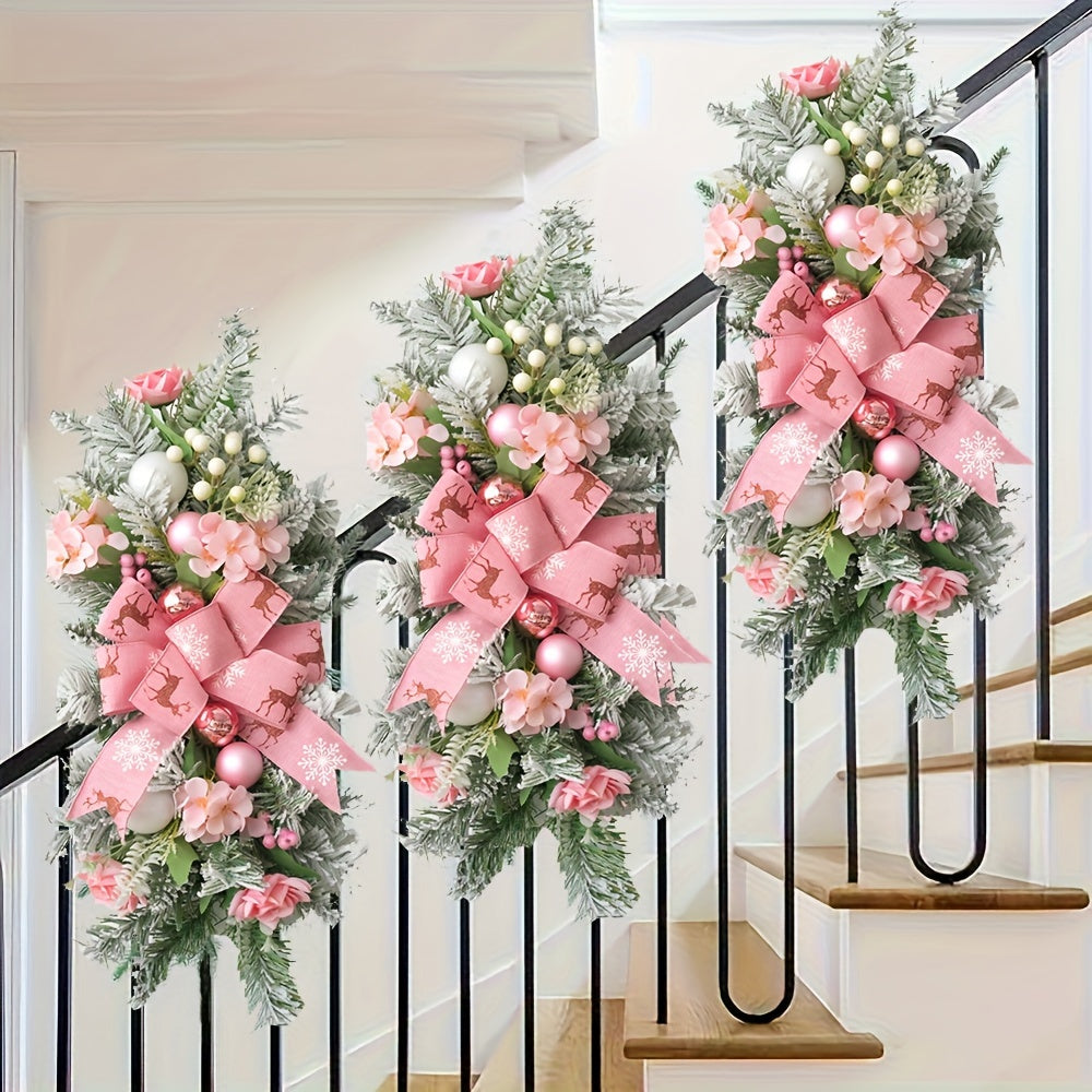 Glam Style Christmas and Valentine's Day Garlands - Plastic Home Decor Swags for Staircase and Wall Hanging - Festive Pink and Golden Holiday Ornaments - Elegant Unlit Floral and Ribbon Accents for Wedding and Seasonal Decora