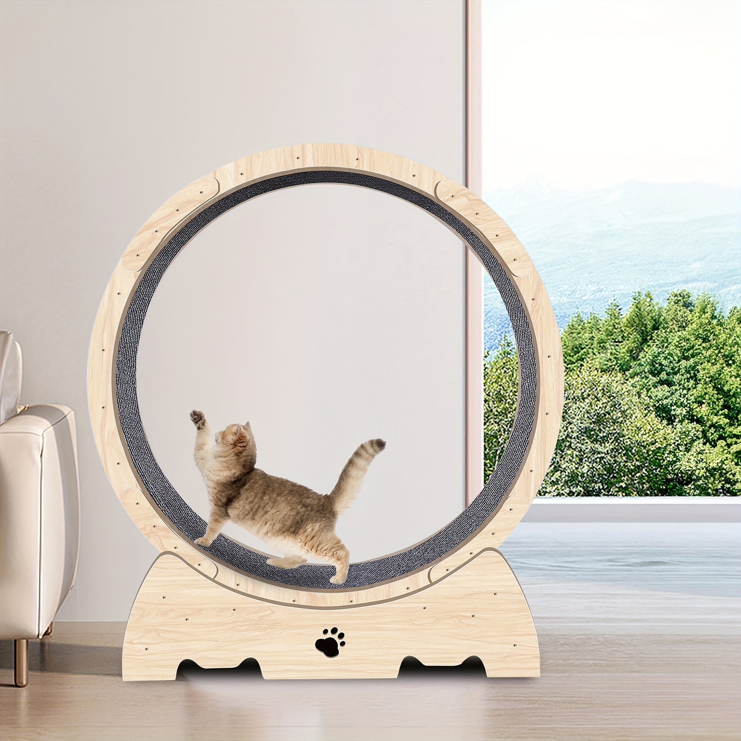 37" Natural Wood Color Cat Exercise Wheel, Carpeted Runway Cat Running Wheel, Fitness Device for Indoor Cats, Longer Life Sport Treadmill