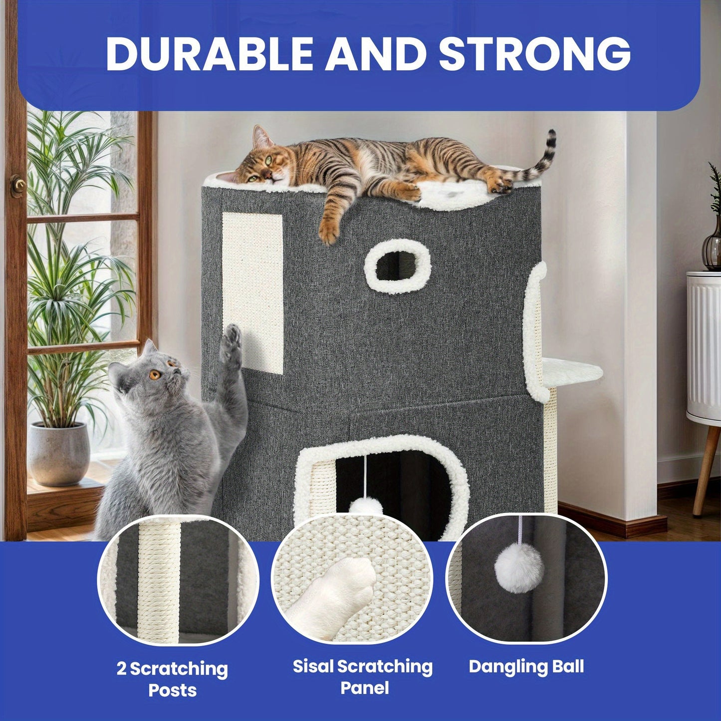 Double- Layer Cat House Indoor Cozy Condo with Climbing Stand & Scratching Posts