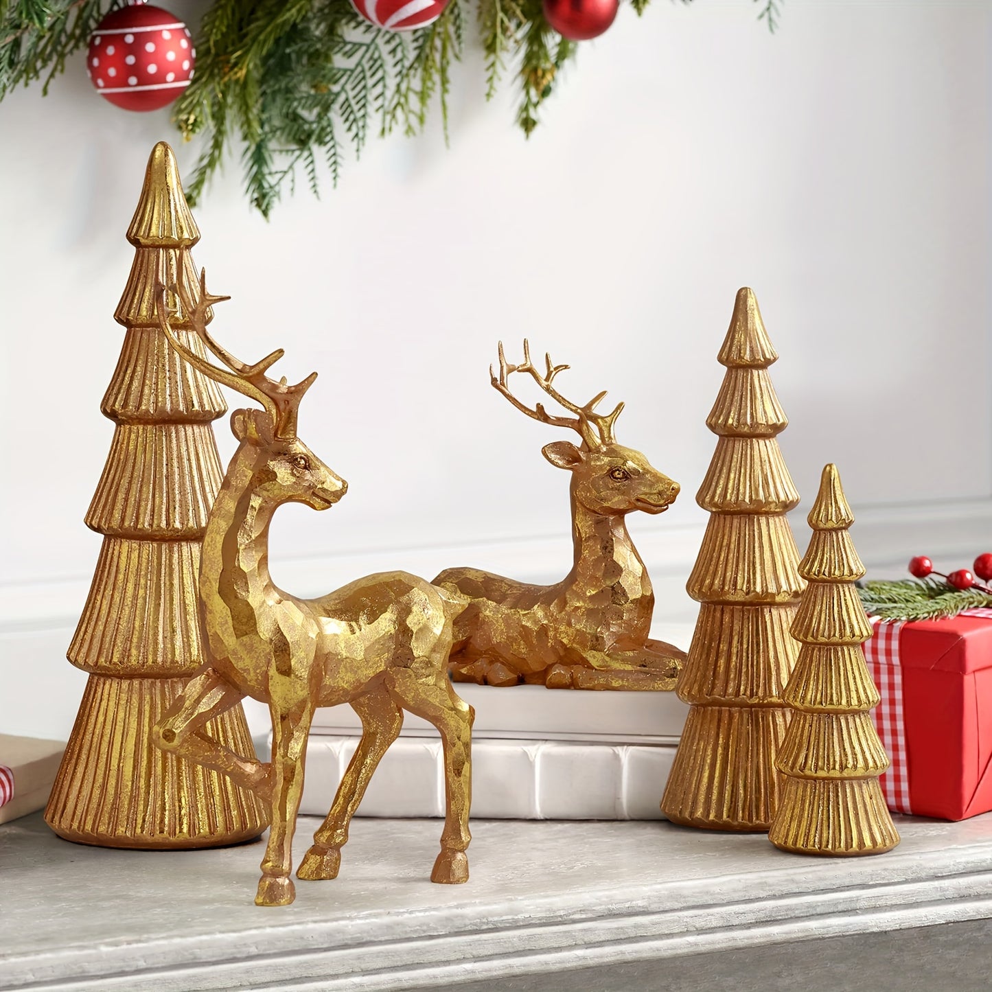 5Pcs/Set Geometric Resin Deer Figurines, Christmas Evergreen Tree Statue & Deer Resin Statue Set Ornaments For Tabletop Home & Office Decor, Ideal For Gift Christmas, Thanksgiving, New Year - Elegant Home Decor Resin Art