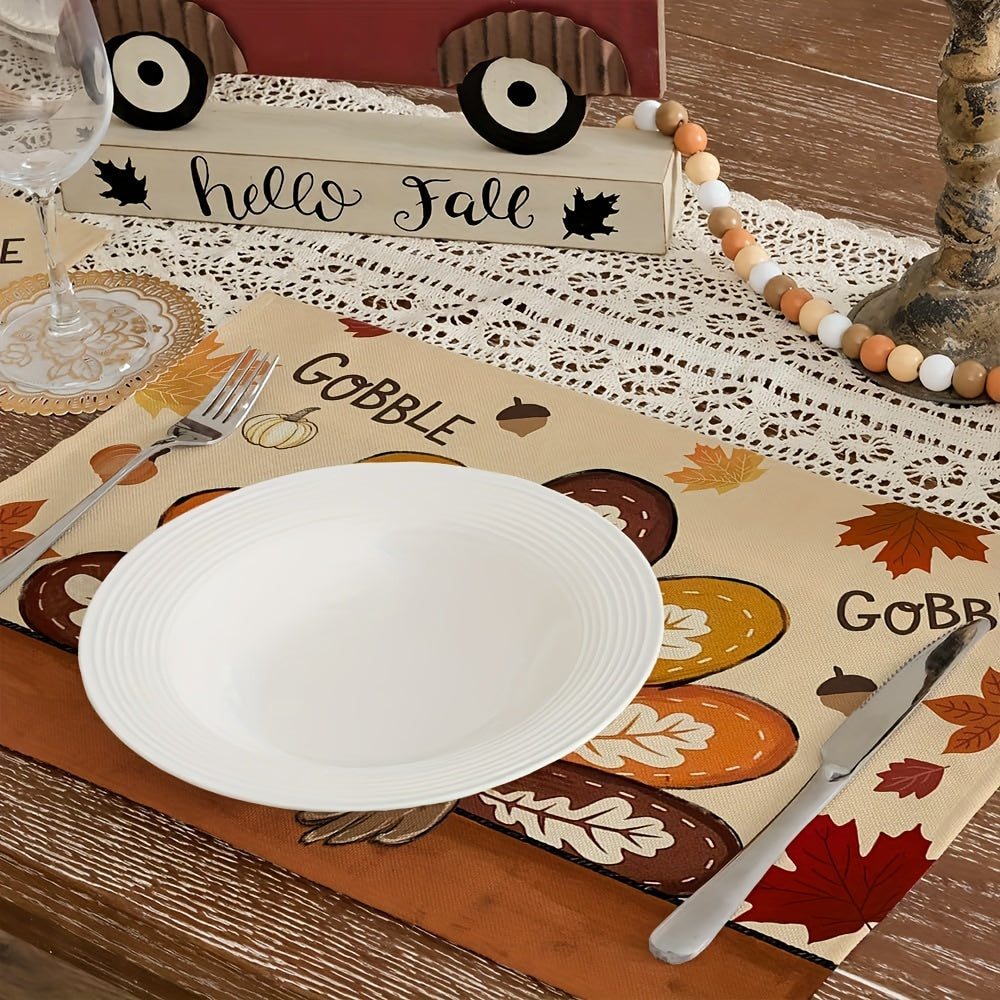 Set of 4 Thanksgiving Placemats - 12x18 Inch Linen Table Mats with Gobble Turkey Design, Machine Washable, Woven Burlap for Autumn Home Decor, Farmhouse Style, Seasonal Fall Harvest Table Decorations